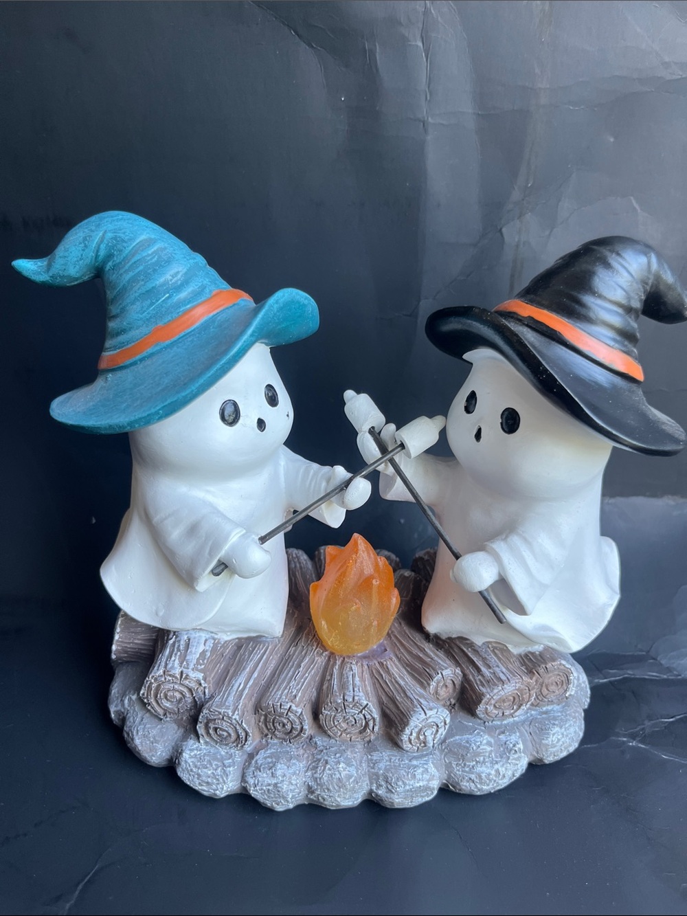 Halloween Ghost Duo Figurine with Blue and Black Witch Hats
